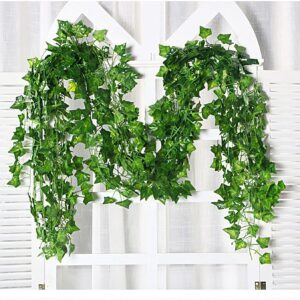 Artificial hanging flowers for wall decoration, artificial plants for home decorum, money plant leaves for decoration, office decor, craft, gifting, 7 feet long each, green
